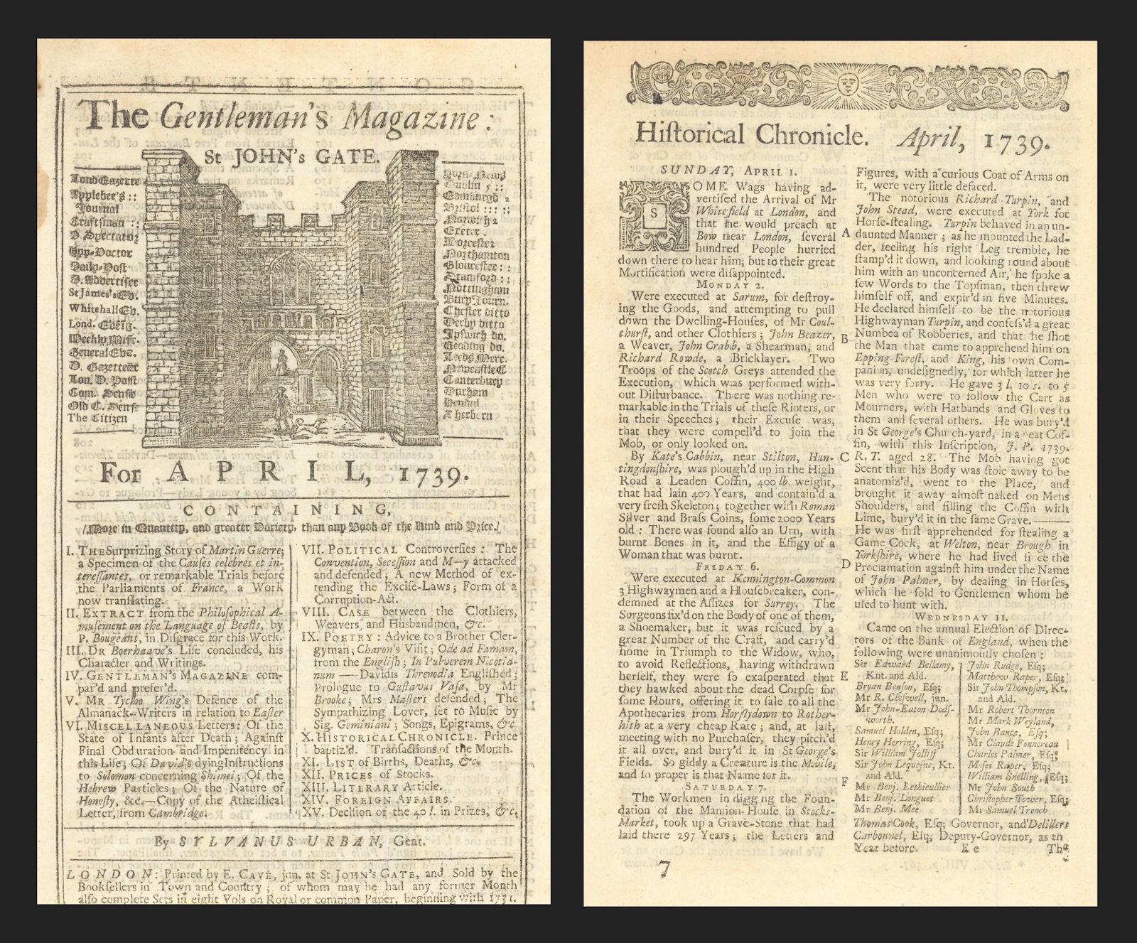 Report of the hanging of highwayman Dick Turpin at York in the Gents Mag 1739